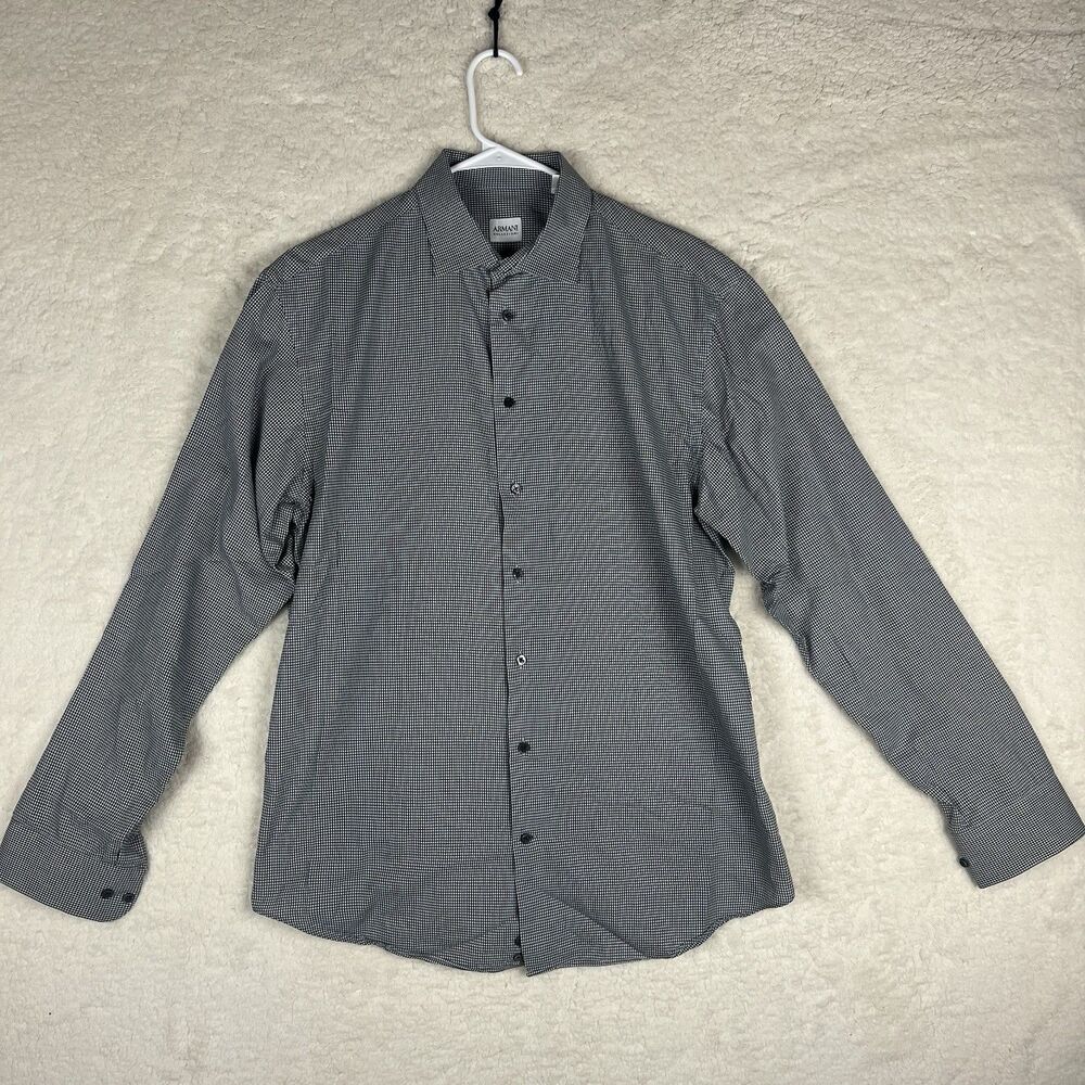 Armani Collezioni Mens Black White Gingham Button Up Dress Long Sleeve Shirt L